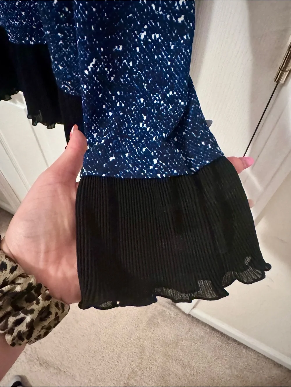 Michael Kors Navy Speckled Long Sleeve Top with Black Pleated Ruffle Hem